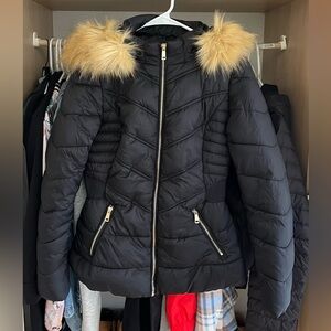 Women's Black Quilted Jacket with Faux Fur Hood
